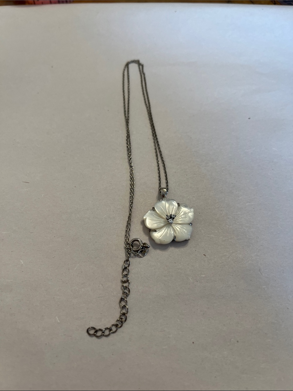 Stauer Carved Hibiscus MOP and Diamondaura 925 Sterling Silver Necklace